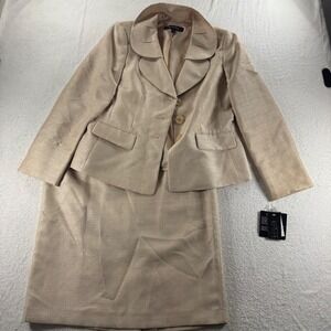 Kasper Sand Tahiti 2PC Skirt Suit Set Long Sleeve Roll Up Buttons Formal‎ Event